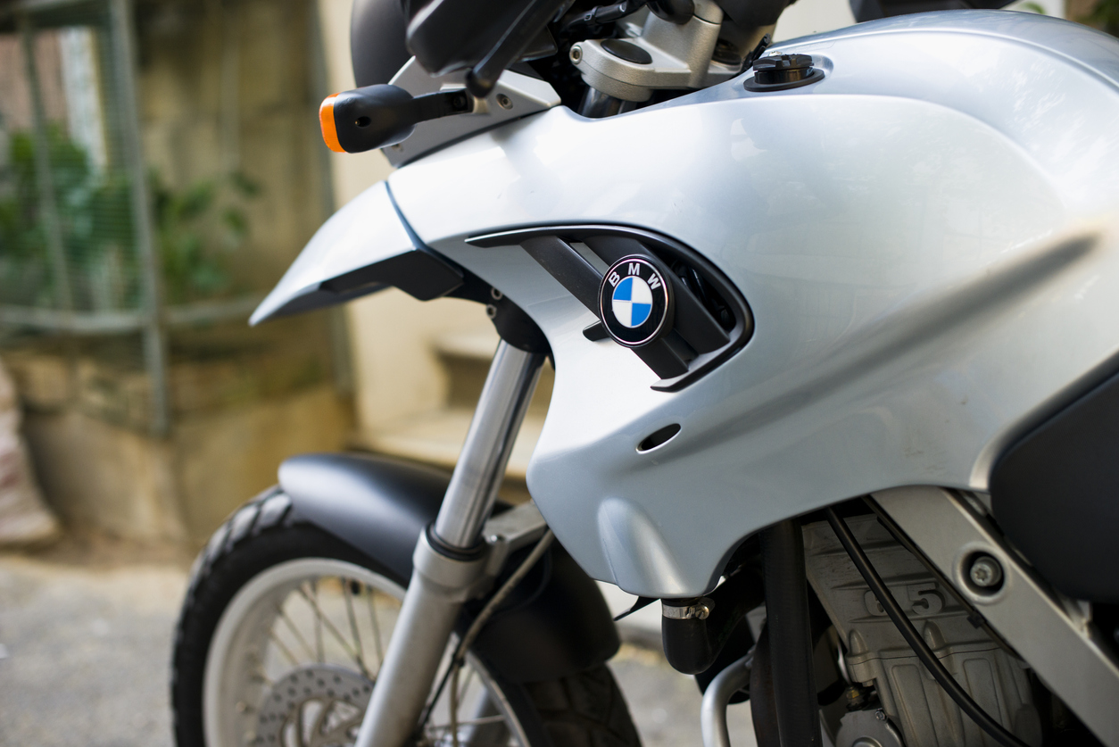 A silver BMW motorcycle.